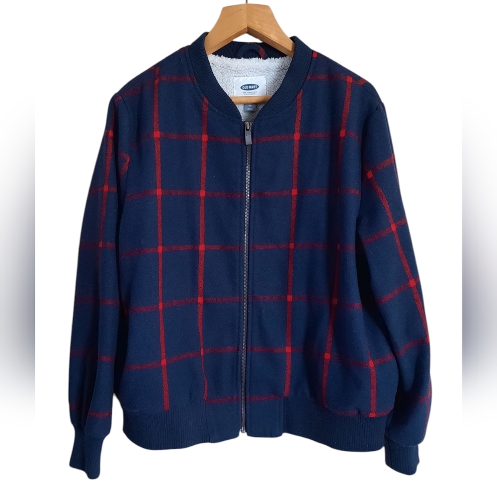 Old Navy Wool Sherpa Bomber Plaid Checker
